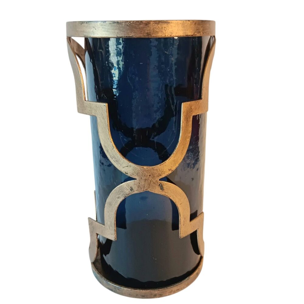 Cobalt Blue Glass and Goldtone Metal Moroccan Style Candleholder Round Cylinder